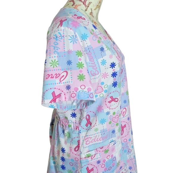 SB Scrubs Sz M Breast Cancer Awareness Vneck Back Tie Waist SS Novelty Scrub Top - Picture 3 of 9